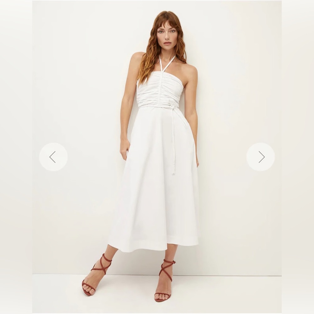 VERONICA BEARD Tucker Ruched Halter Midi Dress in White Women’s Size 14